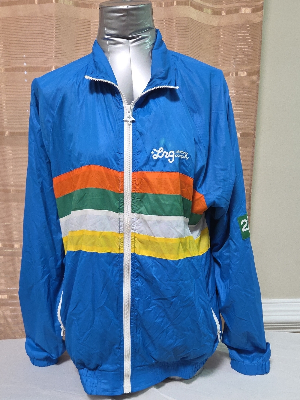 LRG Blue Windbreaker with Orange, Green, White & Yellow Stripes